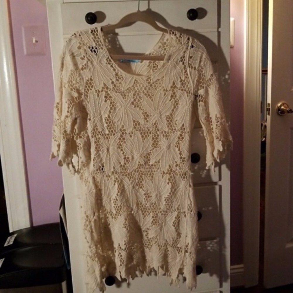 Cream Floral Crochet Swim Cover Up Dress NWOT